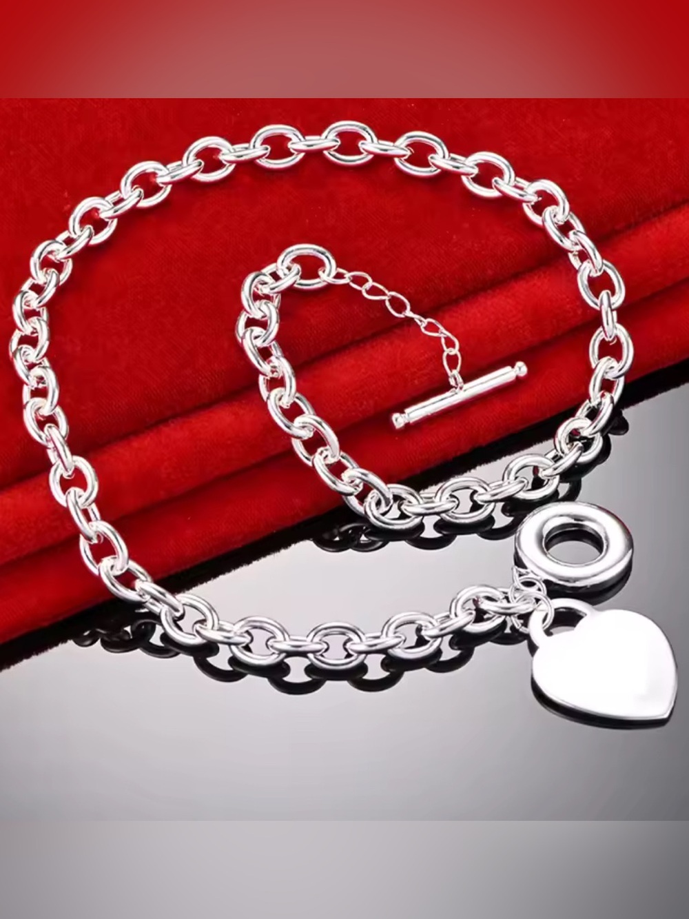 Silver Toggle Chain Necklace - Link Design Heart Charm! - Picture 7 of 9